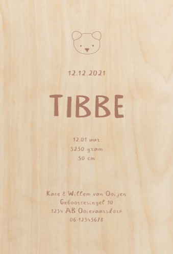 Echt hout geboortekaartje beertje - Tibbe