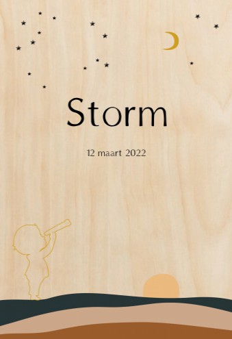 Echt hout geboortekaartje heuvels silhouetje- Storm