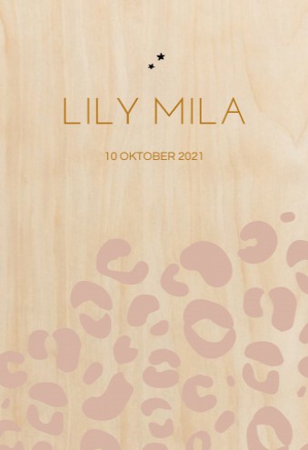 Echt hout geboortekaartje panterprint Lily Mila