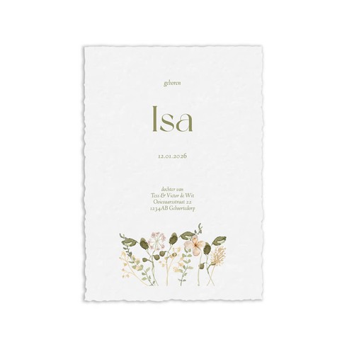 Geboortekaartje handgeschept meisje met romantische bloemen - Isa