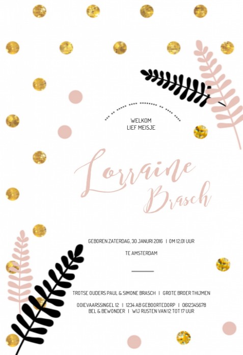 Geboortekaartje meisje met goudlook stippen en speelse blaadjes - Lorraine