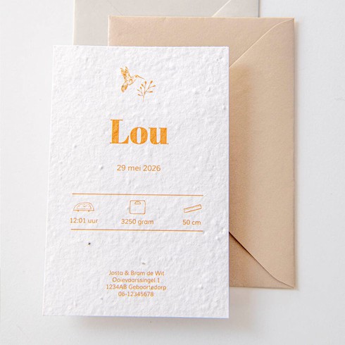 Geboortekaartje groeipapier typografisch met vogel en takje - Lola