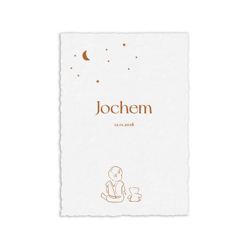 Geboortekaartje jongen met beertje sterren kijken op handgeschept papier - Jochem