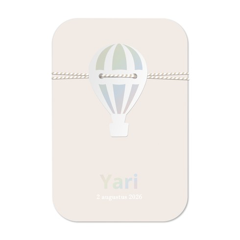 Jongens label geboortekaartje met een schattige luchtballon als los label met regenboog folie - Yari