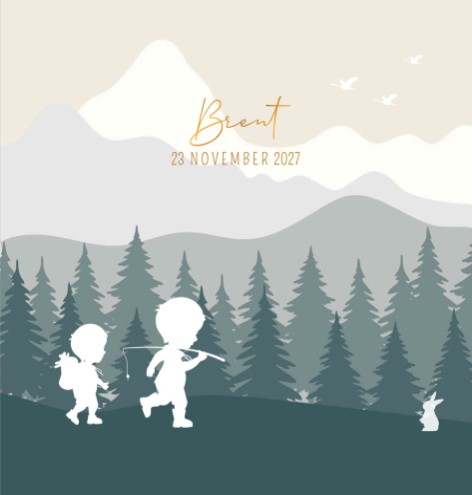 Jongens geboortekaartje met broer op avontuur in de bossen vierkant - Bram