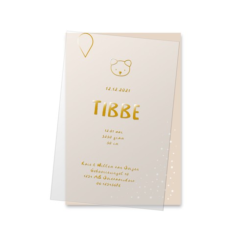 Geboortekaartje met beertje in goudfolie op kalkpapier - Tibbe