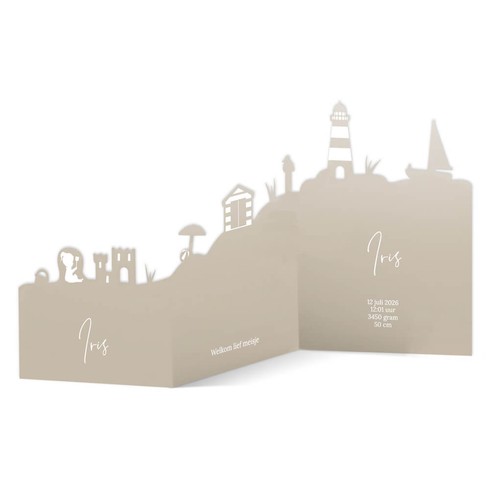 Geboortekaartje zomers skyline 3d met zee en strand voor een dochter - Iris