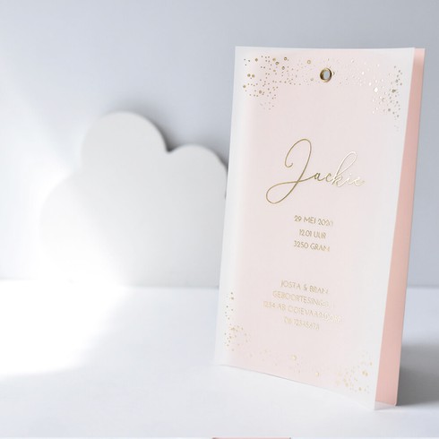 Transparant geboortekaartje kalkpapier met gouden stipjes - Jackie