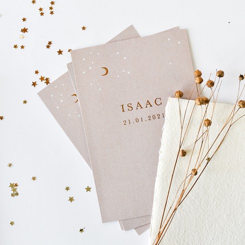 Stoer geboortekaartje grijsbord maan en sterretjes foliedruk - Isaac