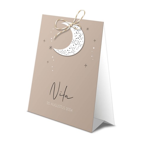 Tent vorm geboortekaartje met maan labeltje en doorkijkje - Nila