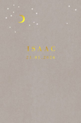 Stoer geboortekaartje grijsbord maan en sterretjes foliedruk - Isaac