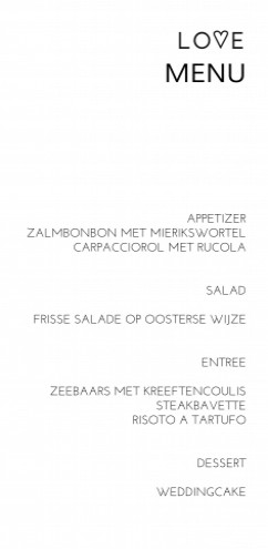 Menu bij trouwkaart Simpel en Strak