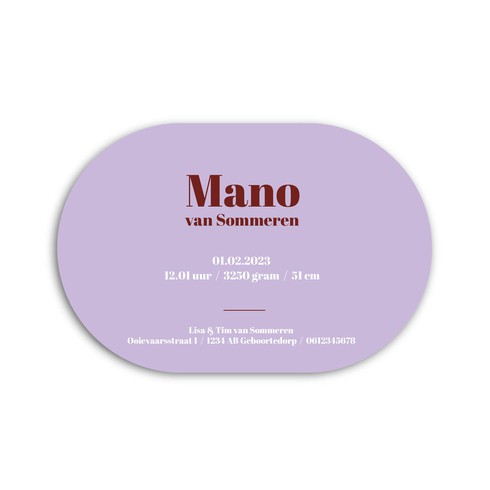 Colorful ovaal geboortekaartje in bordeaux en lila kleuren - Mano