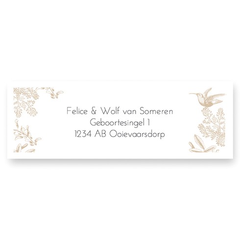 Adresetiket met kolibrie en botanische print in beige kleur