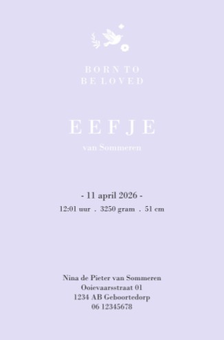 achterzijde geboortekaartje meisje lila