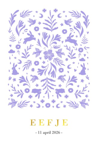 Vrolijk geboortekaartje met dieren en bloemen in lila - Eefje